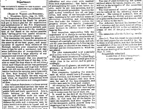 1885-04-03: The Committee on the Fire Department Recommends a Partially Paid (Call) Fire Department for Stamford
